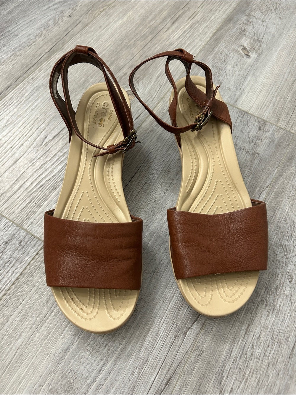 CROCS Brown Leather-Look Ankle-Strap Sandals